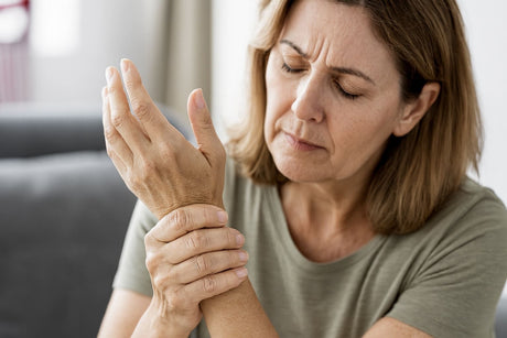 Frau hält ihre Hand bei Polyneuropathie